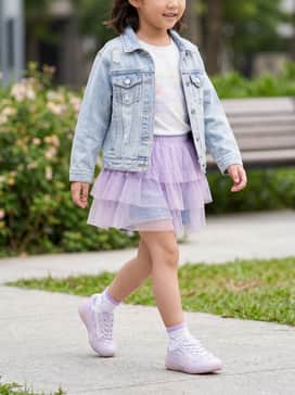 A lavender tiered tulle skirt paired with a simple white graphic tee and a light-wash denim jacket for a balance of whimsy and practicality.