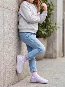 Light-wash skinny jeans with cuffed hems, a silver glitter-print top, and a lilac headband to highlight the shoe's iridescent accents.