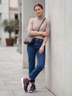 Pureboost 23 Shoes – Cropped straight-leg blue jeans combined with a beige ribbed turtleneck sweater and a minimalist leather crossbody bag for a smart-casual commute.