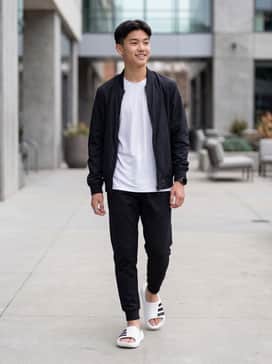 A sporty monochrome look featuring black tapered joggers, a crisp white moisture-wicking t-shirt, and a lightweight nylon bomber jacket for a sleek, post-gym aesthetic.