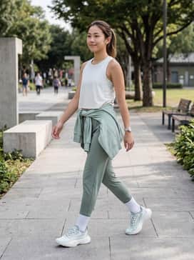 High-waisted sage green leggings paired with a white cropped performance tank and a matching mint zip-up hoodie for a cohesive gym-ready look.