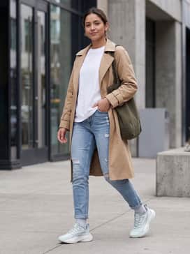 Distressed light-wash slim jeans, a basic oversized white tee tucked in, and a tan trench coat for a sophisticated urban street style.