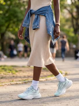 A neutral-toned ribbed knit midi dress with a denim jacket tied around the waist to balance comfort and femininity for a weekend brunch.