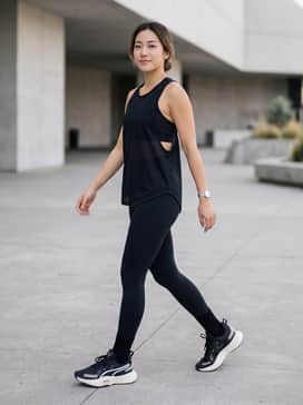 High-performance black compression leggings paired with a matching sports bra and an open-back mesh tank for maximum breathability during high-intensity training.