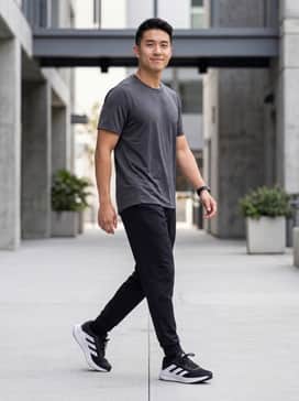 A pair of tapered black tech joggers paired with a moisture-wicking charcoal grey performance tee and a lightweight windbreaker for a functional athletic look.