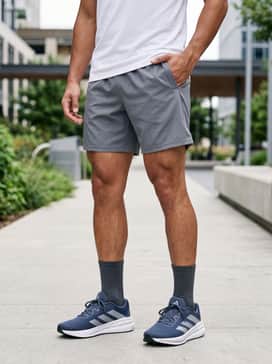 Questar 3 Running Shoes – A summer-ready athletic outfit with mid-thigh grey running shorts, a breathable white tank top, and a navy performance cap.