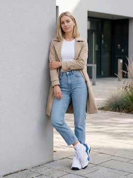 Rapidmove Adv 2 Training Shoes – Light-wash cropped straight-leg jeans with a white ribbed bodysuit and a beige trench coat for a sophisticated high-low casual outfit.