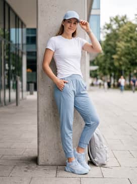 Light-wash distressed boyfriend jeans cuffed at the hem to show off the shoe's silhouette, styled with a simple tucked-in white t-shirt and a matching light blue baseball cap.