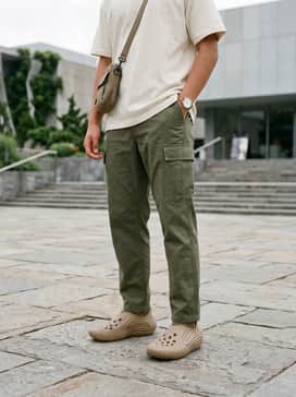 Style with olive green relaxed-fit cargo pants, a boxy oversized cream graphic tee, and a nylon crossbody bag to lean into a utilitarian streetwear aesthetic.