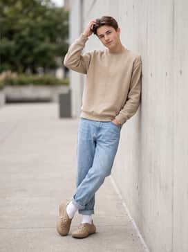 Combine with light-wash baggy denim jeans, a heavyweight sand-colored crewneck sweatshirt, and thick white crew socks to highlight the shoe's unique architectural silhouette.