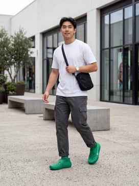 Relaxed-fit charcoal grey cargo pants paired with an oversized white graphic tee featuring green accents and a black nylon crossbody bag.