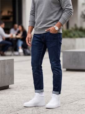Rebound V6 Wide Mens Sneakers – A classic casual ensemble with slim-fit dark indigo denim jeans cuffed at the ankle to showcase the collar, paired with a grey heathered crewneck sweatshirt.