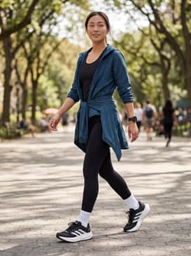 Response 2 Running Shoes – High-performance black compression leggings paired with a breathable teal moisture-wicking tank top and a slim-fit white running jacket.