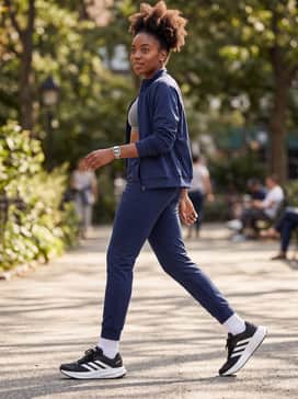 Response 2 Running Shoes – Slim-fit navy blue track pants and a matching zip-up hoodie over a simple grey sports bra for a coordinated gym-to-street ensemble.