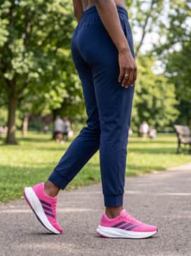 Navy blue tapered joggers with a fitted heather grey hoodie and a high ponytail, creating a cohesive color story that highlights the sneaker's bold pink hue.