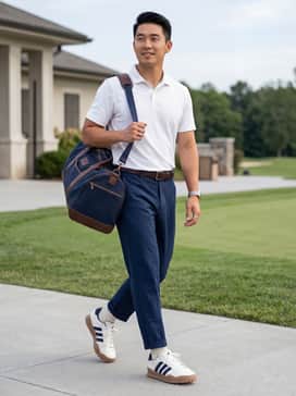 Pair these shoes with tailored navy blue golf trousers and a crisp white performance polo for a classic yet modern on-course look, accented by a brown leather belt to match the sole.