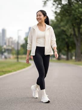 High-waisted black moisture-wicking leggings paired with a cream-colored sports tank and a lightweight windbreaker for a functional workout ensemble.