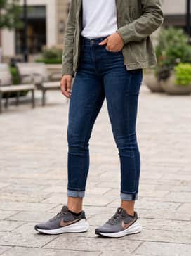 Dark-wash skinny jeans with a tucked-in white graphic tee and a lightweight olive utility jacket, letting the metallic accents of the shoe add a touch of shine to a casual outfit.