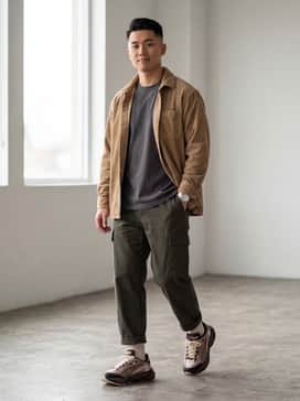 Olive green cargo pants paired with a heavyweight charcoal grey graphic tee and a tan corduroy overshirt for a rugged, textured streetwear look.