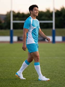 Rs15 Elite Sg Shoes – A full match-day kit featuring a white or cyan-blue performance rugby jersey paired with matching athletic shorts and high-performance rugby socks.