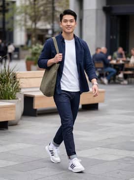 Run 60s 20 Shoes – Dark indigo slim-fit jeans rolled at the cuff to show off the shoe's profile, paired with a crisp white organic cotton t-shirt and an unbuttoned navy blue flannel shirt over it for a classic, layered weekend look.