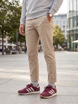 Sand-colored slim-tapered chinos paired with a light grey crewneck sweatshirt and a burgundy baseball cap to mirror the shoe's primary color.