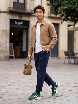Run 84 Shoes – Pair with tapered navy chinos, a crisp white organic cotton t-shirt, and a tan harrington jacket for a refined yet casual heritage look.