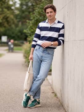 Run 84 Shoes – Style with light-wash straight-leg denim, a navy and white striped rugby shirt, and a cream-colored canvas tote for a preppy, collegiate vibe.