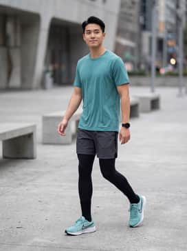 A performance-driven look featuring black moisture-wicking compression tights under charcoal grey running shorts, paired with a breathable teal technical t-shirt.
