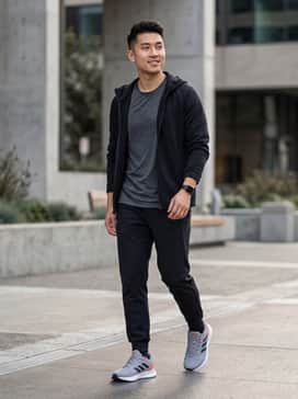 Tapered black performance joggers paired with a light grey moisture-wicking tee and a black tech-fleece hoodie for a modern, streamlined athletic look.