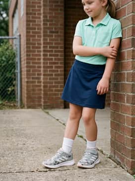 Runfalcon 5 Shoes Children – A navy blue athletic skort and a moisture-wicking mint green polo shirt, perfect for gym class or after-school sports activities.