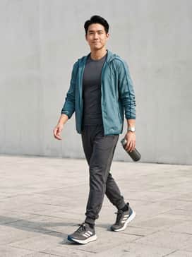 A pair of black moisture-wicking joggers matched with a charcoal grey performance compression tee and a lightweight teal windbreaker to highlight the shoe's accents.