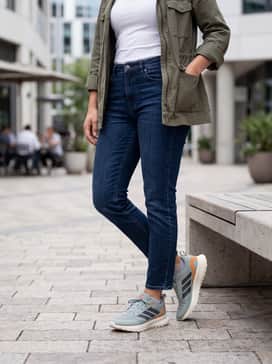 Dark-wash tapered jeans and a crisp white crew-neck tee layered under an olive utility jacket for a rugged, casual weekend look.
