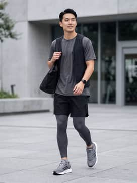 Runfalcon 5 Wide Running Shoes – Athletic Performance: A moisture-wicking charcoal performance tee paired with black lightweight running shorts and low-cut gray socks for a focused workout look.