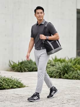 A classic golf ensemble featuring navy blue tailored performance shorts, a crisp white moisture-wicking polo, and a grey webbed belt to match the shoe accents.