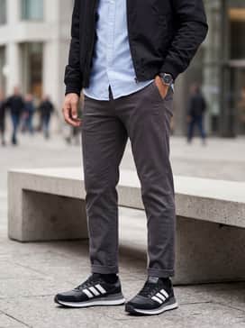 A sophisticated casual look with charcoal slim-fit chinos, a light blue Oxford shirt, and a black lightweight bomber jacket for post-round drinks.