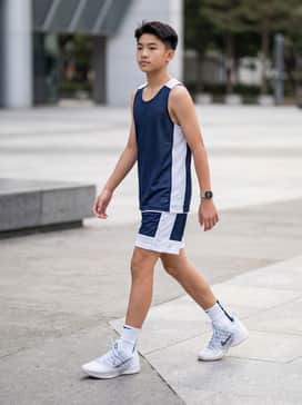 A coordinated navy and white mesh basketball uniform with high-top performance socks for a professional athlete look.