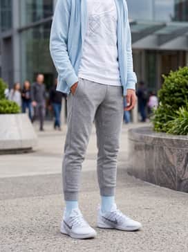 Sabrina 3 Me Vs Me – Grey fleece joggers paired with a crisp white graphic t-shirt and a matching blue zip-up hoodie for all-day school comfort.