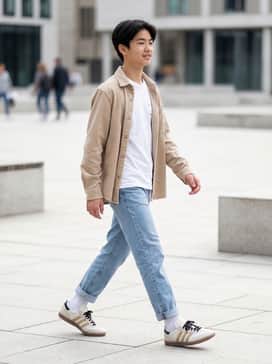 Straight-leg light wash jeans, a crisp white graphic tee, and a beige corduroy overshirt for a layered, casual look.