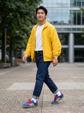 A pair of dark wash straight-leg denim jeans rolled at the cuff, paired with a crisp white heavyweight t-shirt and an oversized yellow windbreaker to echo the shoe's accents.