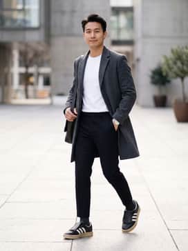 Samba Lux Shoes – Tapered black trousers cropped at the ankle, a white heavyweight jersey tee, and a structured grey wool overcoat for a sophisticated monochromatic urban look.