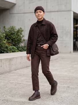 Medium-wash straight-leg jeans with a slightly frayed hem, paired with a chunky cream-colored cable-knit sweater and a dark brown wool beanie to mirror the shoes.