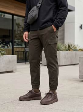 Samba Lx Freizeit – Olive green cargo trousers with a tapered cuff, a black technical windbreaker, and a functional crossbody sling bag for a rugged, utility-inspired streetwear look.