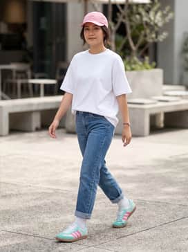 Samba Messi Shoes – Light-wash straight-leg denim jeans cuffed at the ankle, paired with a crisp white oversized t-shirt and a pink nylon baseball cap.