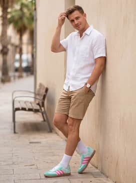 Samba Messi Shoes – Tan chino shorts and a white linen short-sleeve button-down shirt for a smart-casual summer ensemble that highlights the gum sole.