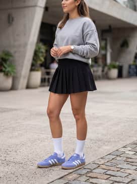 A black pleated tennis skirt styled with an oversized grey graphic sweatshirt and tall white crew socks for a sporty-preppy vibe.