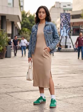 Samba Og Shoes – A neutral-toned ribbed knit midi dress in beige or cream, topped with a vintage-inspired denim jacket and white crew socks for a sporty yet feminine silhouette.