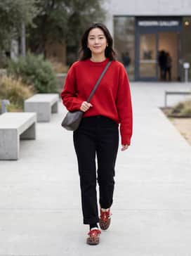 An oversized red crewneck sweater paired with black straight-leg jeans and gold hoop earrings to echo the laces and the warmth of the leopard print.