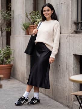 A black satin midi slip dress layered under a chunky cream knit sweater for a balanced feminine-meets-sporty look.
