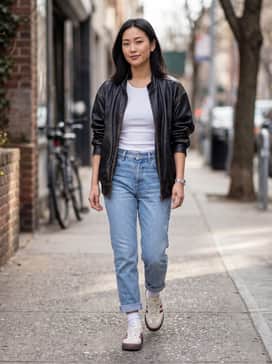 Baggy light-wash denim jeans paired with a fitted white ribbed tank top and an oversized black leather racing jacket for a quintessential streetwear vibe.